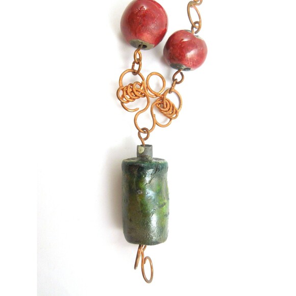 Vintage Rustic Tribal Western Oxidized Cooper Clay Beads Necklace 17" Handcraft - Picture 4 of 11